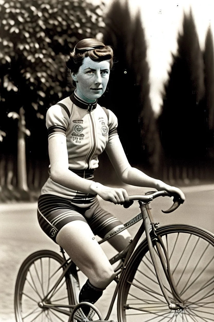 **Background:** Evelyn Wainwright was once a renowned bicycle racer in the 1920s, known for her speed and agility on two wheels. She competed in prestigious races across the United States, winning fame and admiration for her talents. **Appearance:** She has a lean, athletic build, a testament to her years of cycling. Her short-cropped hair, worn for aerodynamics during races, gives her a distinctive and androgynous look. portrait, photo-realistic, shot on Hasselblad h6d-400c, zeiss prime lens,