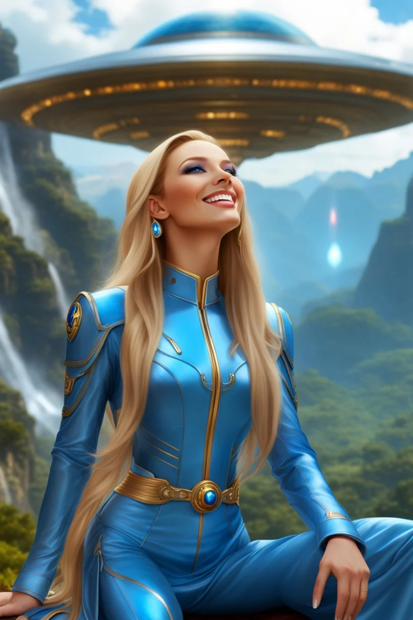 cosmic woman smile, admiral from the future, galactic confédération, fine whole face, crystalline skin, expressive blue eyes,rainbow, smiling lips, very nice smile, costume pleiadian, Beautiful tall woman pleiadian Galactic commander, ship, perfect datailed golden galactic suit, high rank, long blond hair, hand whit five perfect detailed finger, amazing big blue eyes, smilling mouth, high drfinition lips, cosmic happiness, bright colors, blue, pink, gold, jewels, realist, high,rainbows