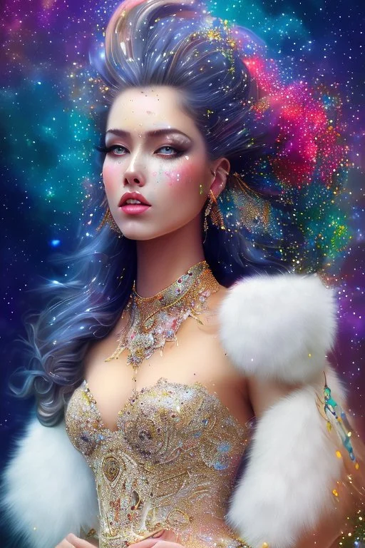 photo realistic painting ((full body)) ((stunningly attractive)) a woman sitting on a majestic chair , ((perfect feminine face)), (+long colorful wavy hair), (+glitter freckles), glitter, wearing a dress, intricate, 8k, highly detailed, volumetric lighting, digital painting, intense, sharp focus, sitting on a majestic chair