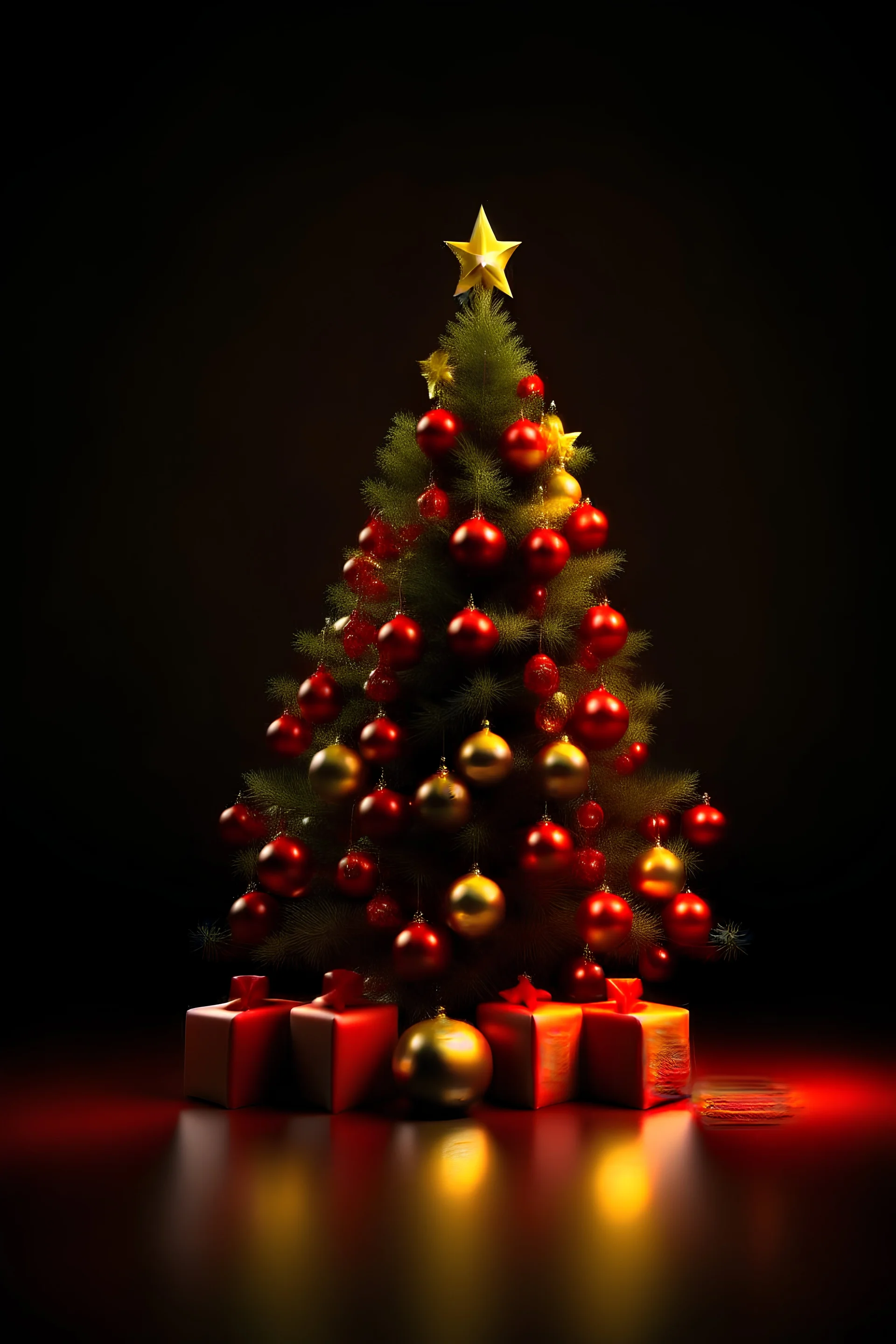 Absolutely beautiful highly detailed HD resolution fully rendered Christmas tree, red and gold trimmings, beautiful star on top of tree, gifts underneath tree, toys underneath tree