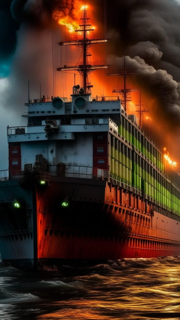 ,surrealism of the dark of a nightmare , hyper photorealistic, hyper detailed dark art color, high resolution, fog, octane render, tilt shift, HDRI Environment, all pictures dark gray, a submarine on fire