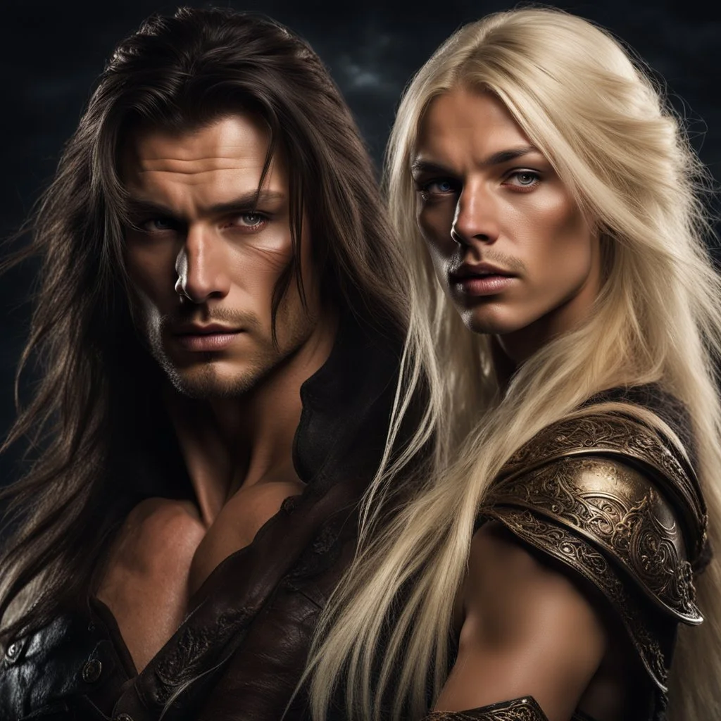 muscular male mountain man with long dark hair with a petit female long blonde hair, dark fantasy,