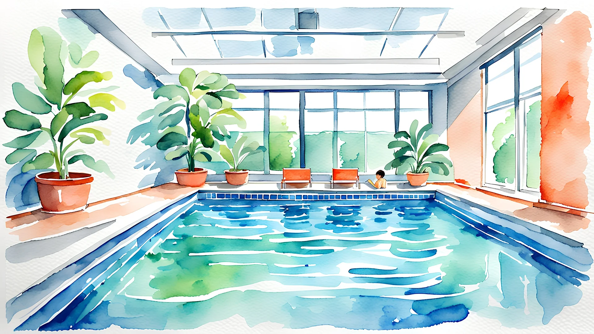 watercolor painting. Pool. indoor swimming pool. Teaching children to swim. Illustration. painting