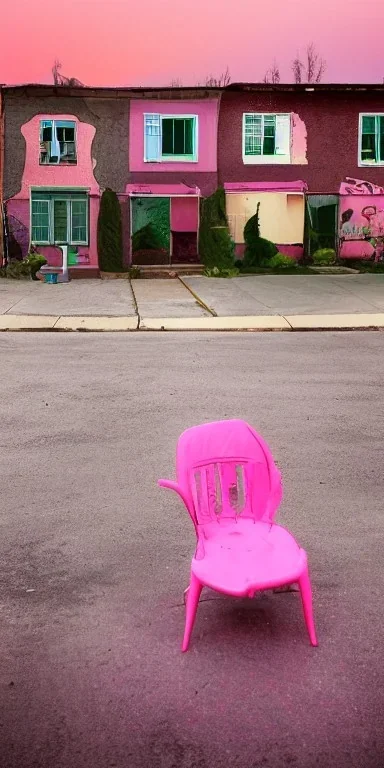 Snoop dogg, sitting. a chair. pink houses, pink sky, pink smoke, trees, outdoors. Groove street. 28mm