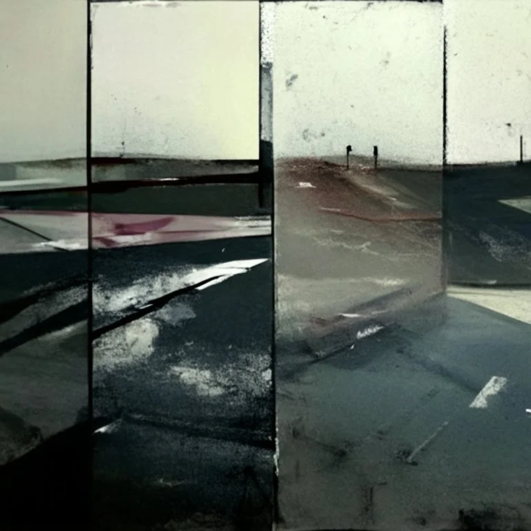 Minimal abstract oil paintings desolate 1960s carpark concrete fragments and bright naked bodies. style of Justin Mortimer and Francis Bacon. road markings.