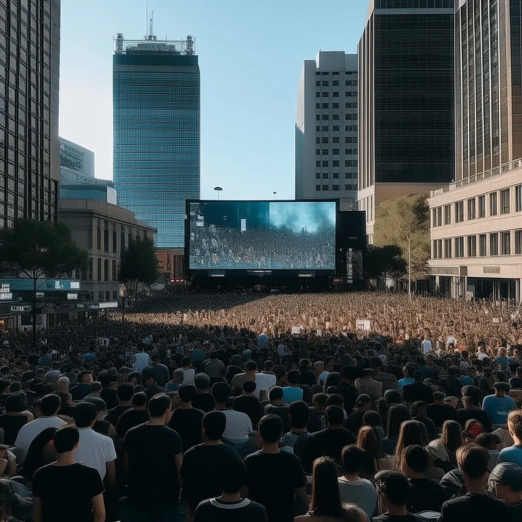 A crowd watches a giant screen in the middle of the city