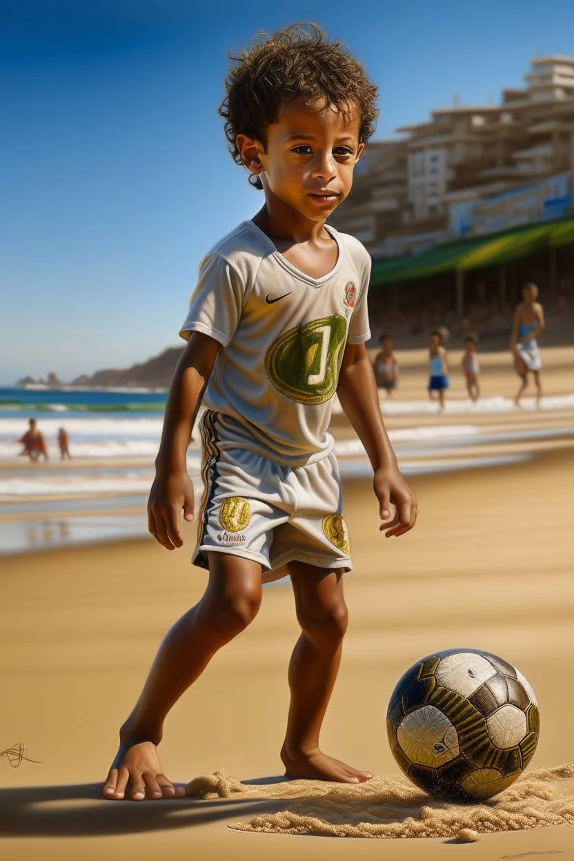 Neymar, young boy, detailed, hyperrealistic, showing his dribbling skills on the beaches of Santos, Brazil. Curly brown hair, slim build, wearing a Santos FC jersey and flip flops.