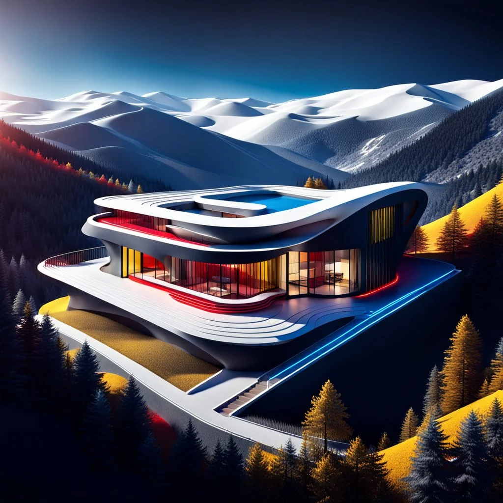 Ilustración minimalista 3D de una casa campestre estilo Zaha Hadid en las montañas arte nouveau neón lineal color negro blanco amarillo rojo y azul calidad ultra fondo ciudad vista aérea