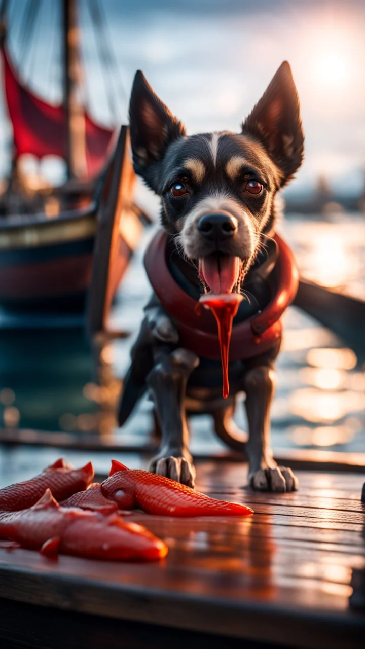 portrait of a vampire dog sucking the blood of fish on a viking ship, on a glass pier ,bokeh like f/0.8, tilt-shift lens 8k, high detail, smooth render, down-light, unreal engine, prize winning