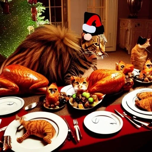 Cats and children eating Christmas dinner with alien lion and floating ball, and exquisitely decorated turkey and HR giger alien