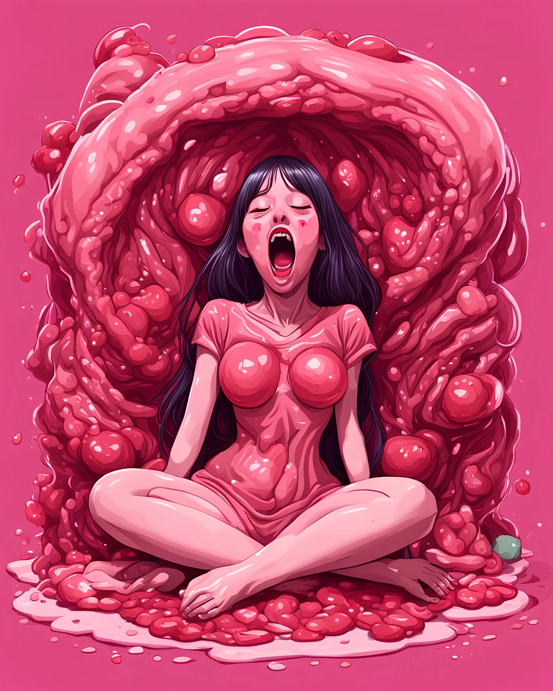 Petit weird woman crushed inside really darkred fleshy stomach filled with digestive juices, sit pose, fullbody, screaming, tears, Junji Ito style, pink tones, pastel tetradic colors, 3D vector art, isometric style, retro aesthetic,