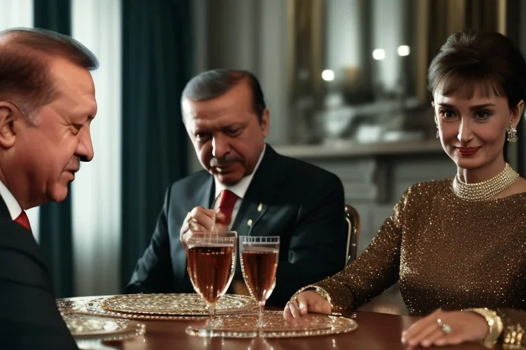 Recep Tayyip Erdogan with audrey hepburn,rtx, reflection, 8k, glow, winning photography, caustics