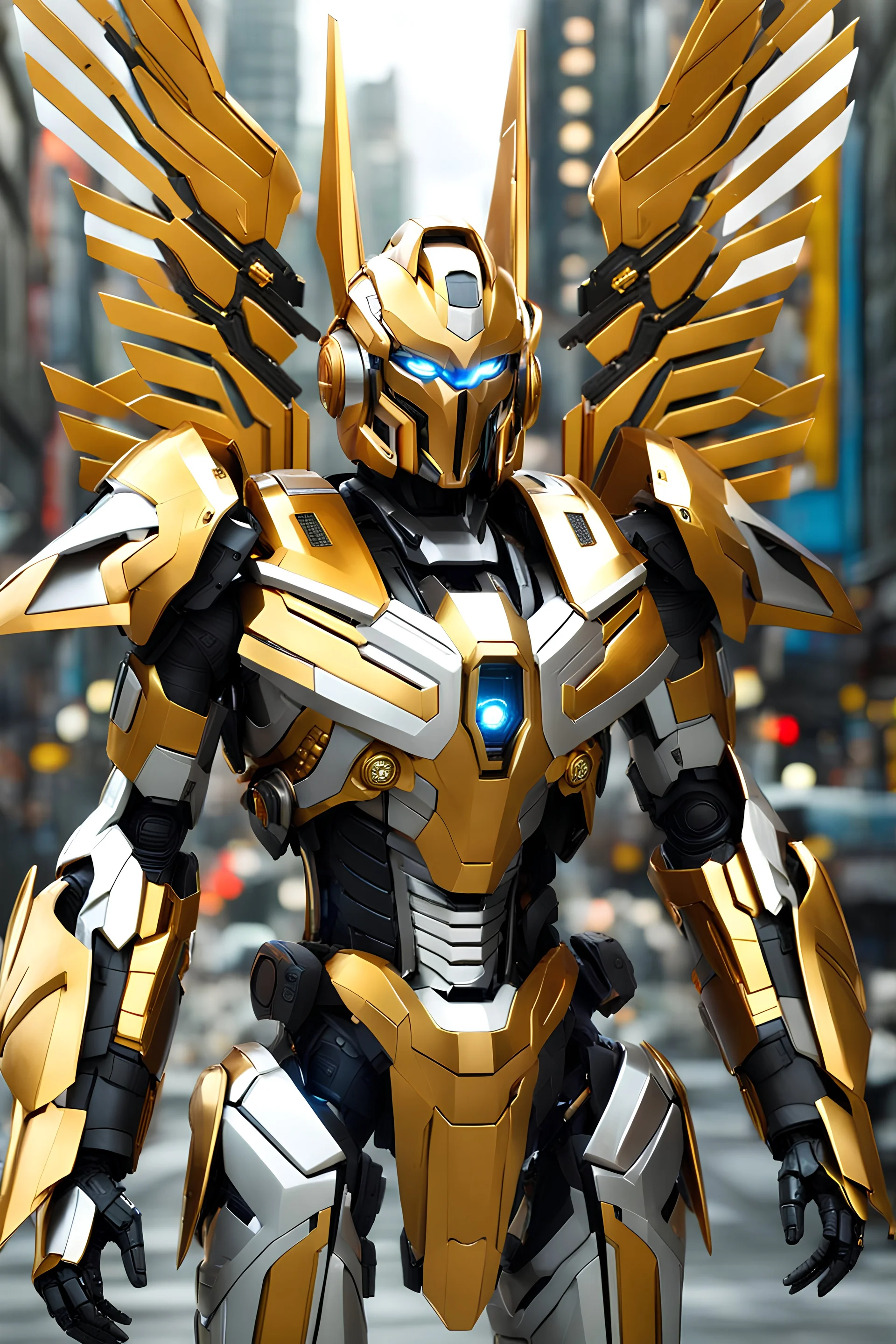 Android concept ,full body photo realistic, golden ratio, symmetric,warrior angel, mecha, transformer, metallic shiny armour , curcuits, leds, weapons on forearms, intricately detailed, ray tracing, octane render, walk in city