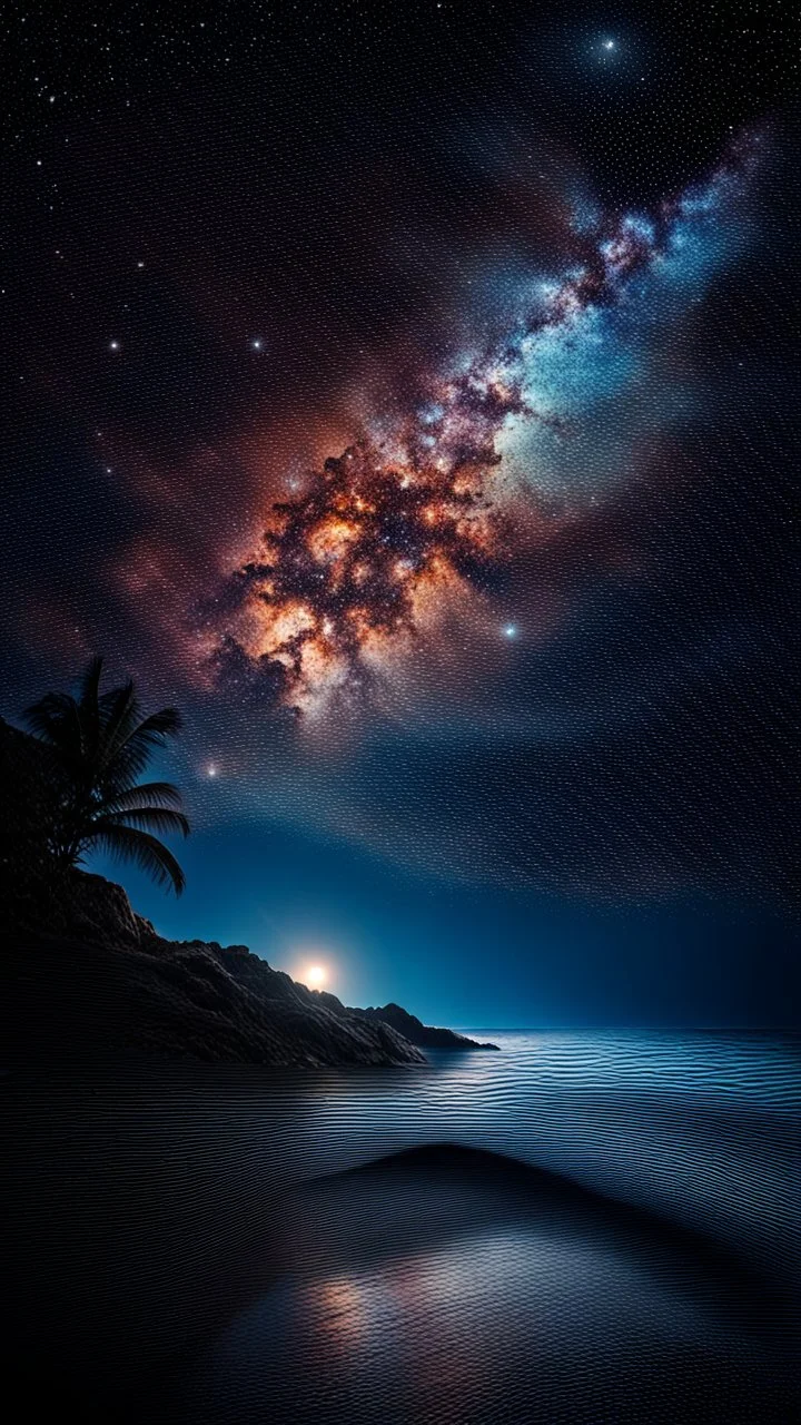 a sky filled with lots of stars and stunning nebula next to the ocean, dreamlike sky, galaxy, high resolution, sunset, high detailed, landscape photography