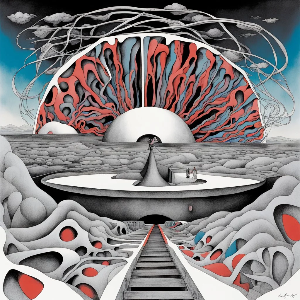 if the dam breaks open many years too soon and if your head explodes with dark forebodings, "Brain Damage" by Pink Floyd album art, asymmetrical, neo surrealism, by Stanley Mouse, by Gerald Scarfe, psychedelic color ink illustration, dark brooding colors, chaos.