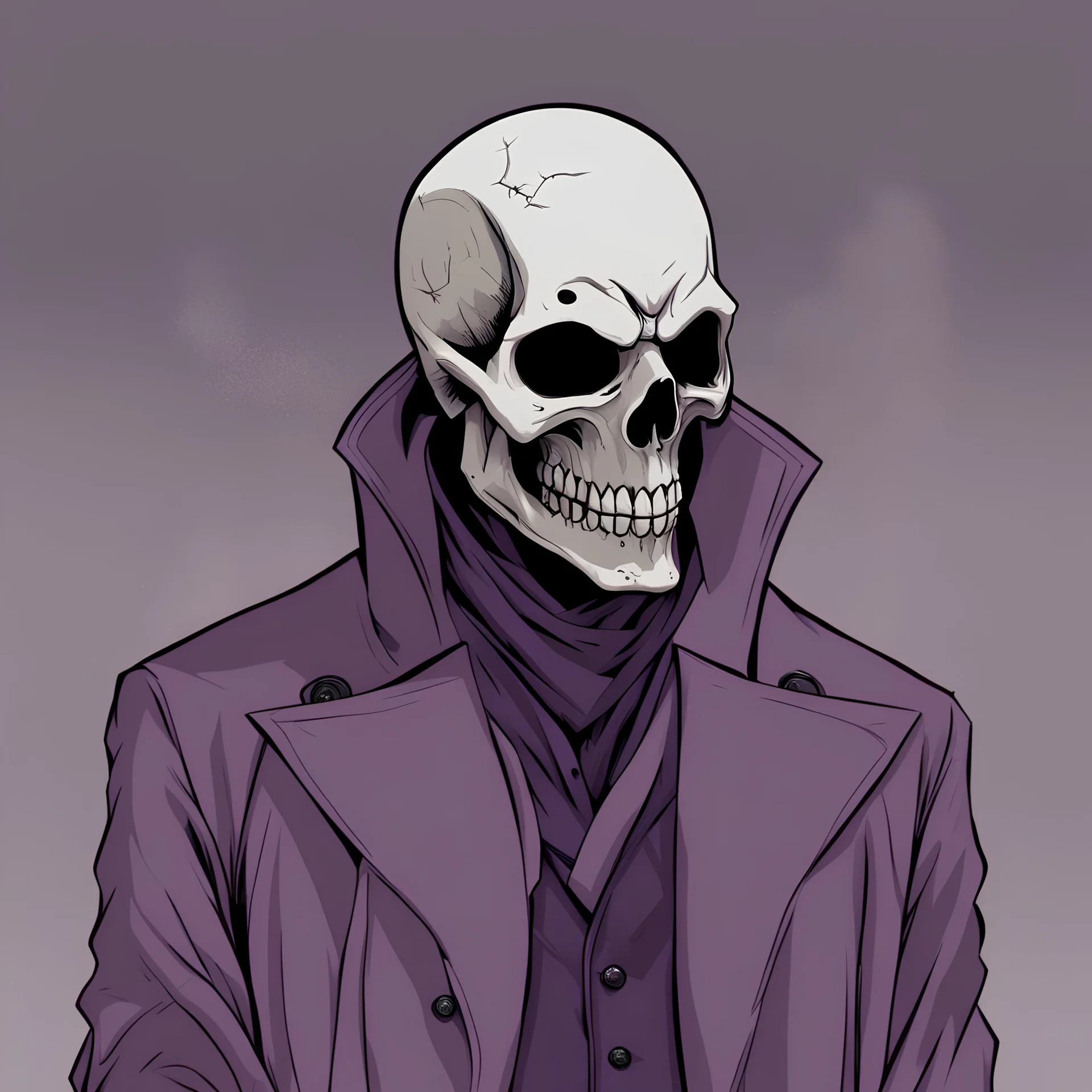 warlock, skull mask, ash purple trench coat, dark, ominous, ash purple, grey background, profile picture