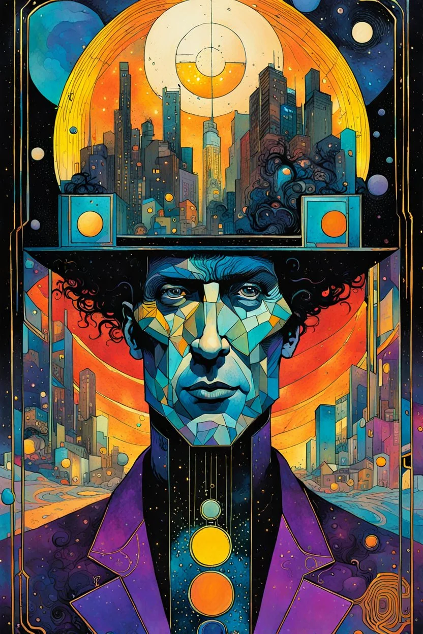 Create a chaotic abstract cubist Tarot Card depicting a post apocalyptic, The Magician , with highly detailed facial features, in the style of Bill Sienkiewicz, Philippe Druillet, Gustav Klimt, and Jean Giraud Moebius, precisely drawn, colored and inked