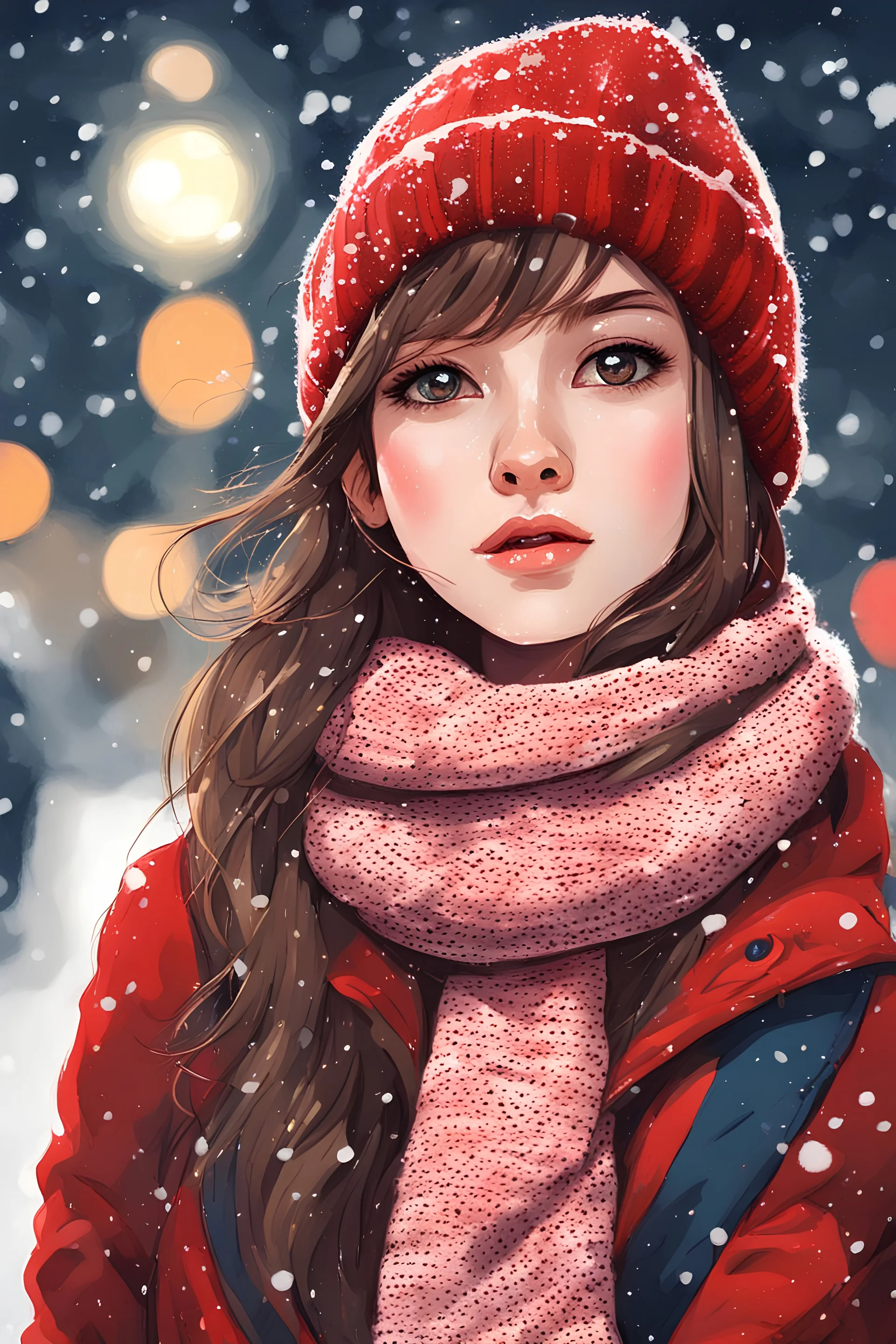 Painting of a cute girl in a red hat and scarf, pretty face, snowfall in the background, bright night