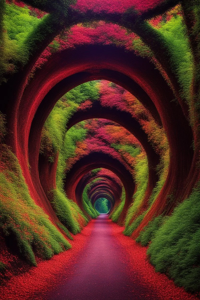 In the heart of an untouched 8K high-definition primeval forest, a mesmerizing kaleidoscope of colors unfolds within a timeless tunnel, creating a vivid gateway to another dimension. The rich hues of nature paint the scene, as if time itself is woven into the very fabric of the lush surroundings.