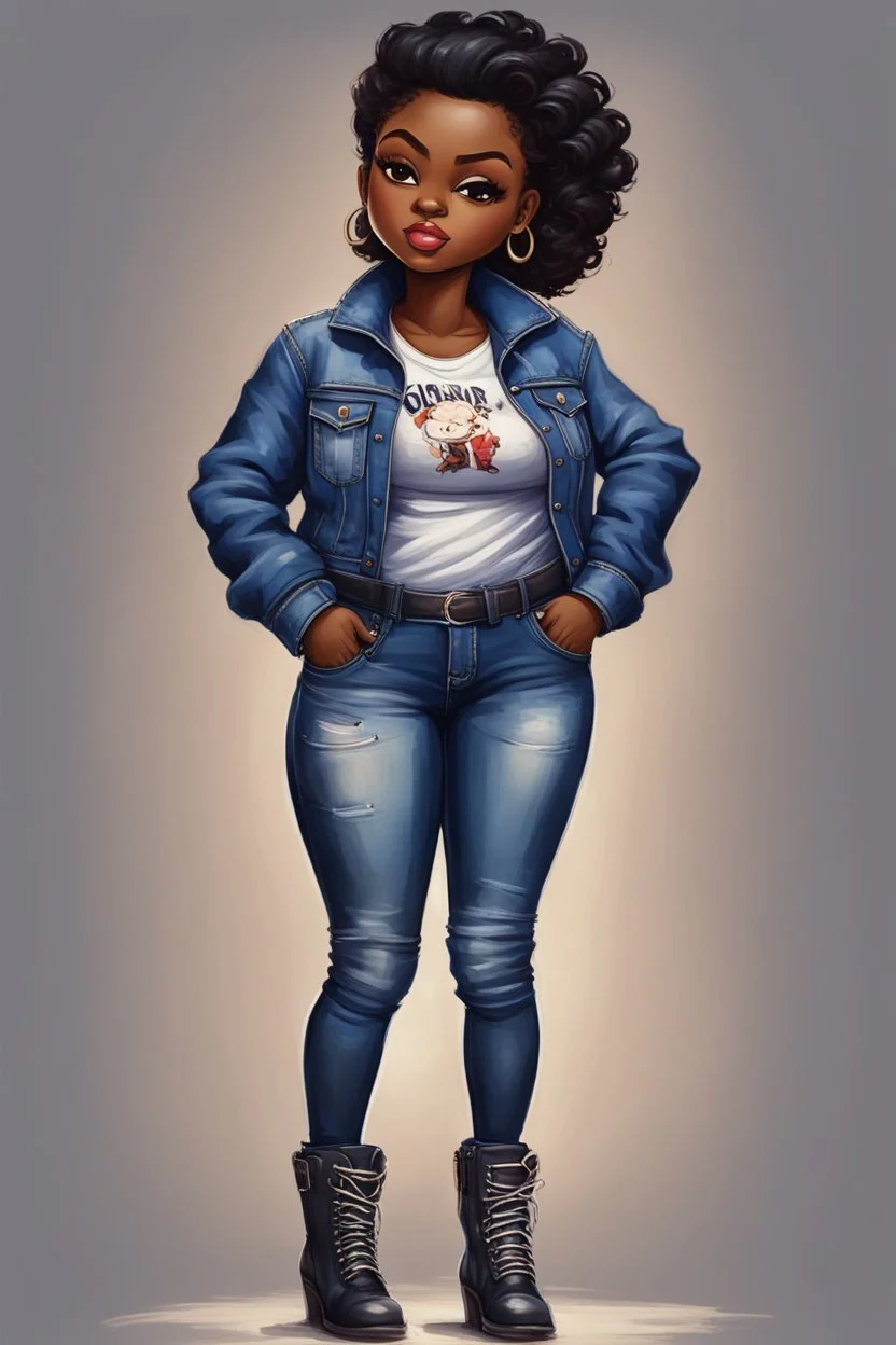 n this expressive oil painting illustration, we encounter a chibi cartoon rendition of a voluptuous black female exuding confidence and style. She stands proudly in her blue jean outfit, the denim fabric hugging her curves in all the right places. Her attire is completed by a pair of sleek biker boots, adding a touch of edginess to her ensemble. The character's face is adorned with prominent makeup, enhancing her features with bold colors and sharp lines. Her hazel eyes sparkle with a hint of m