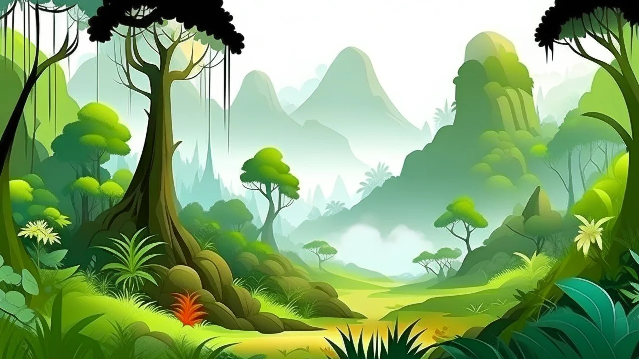 Cartoon illustration for children: Cenozoic rainforest full of mist, millions of years ago, with prehistoric trees, a volcano