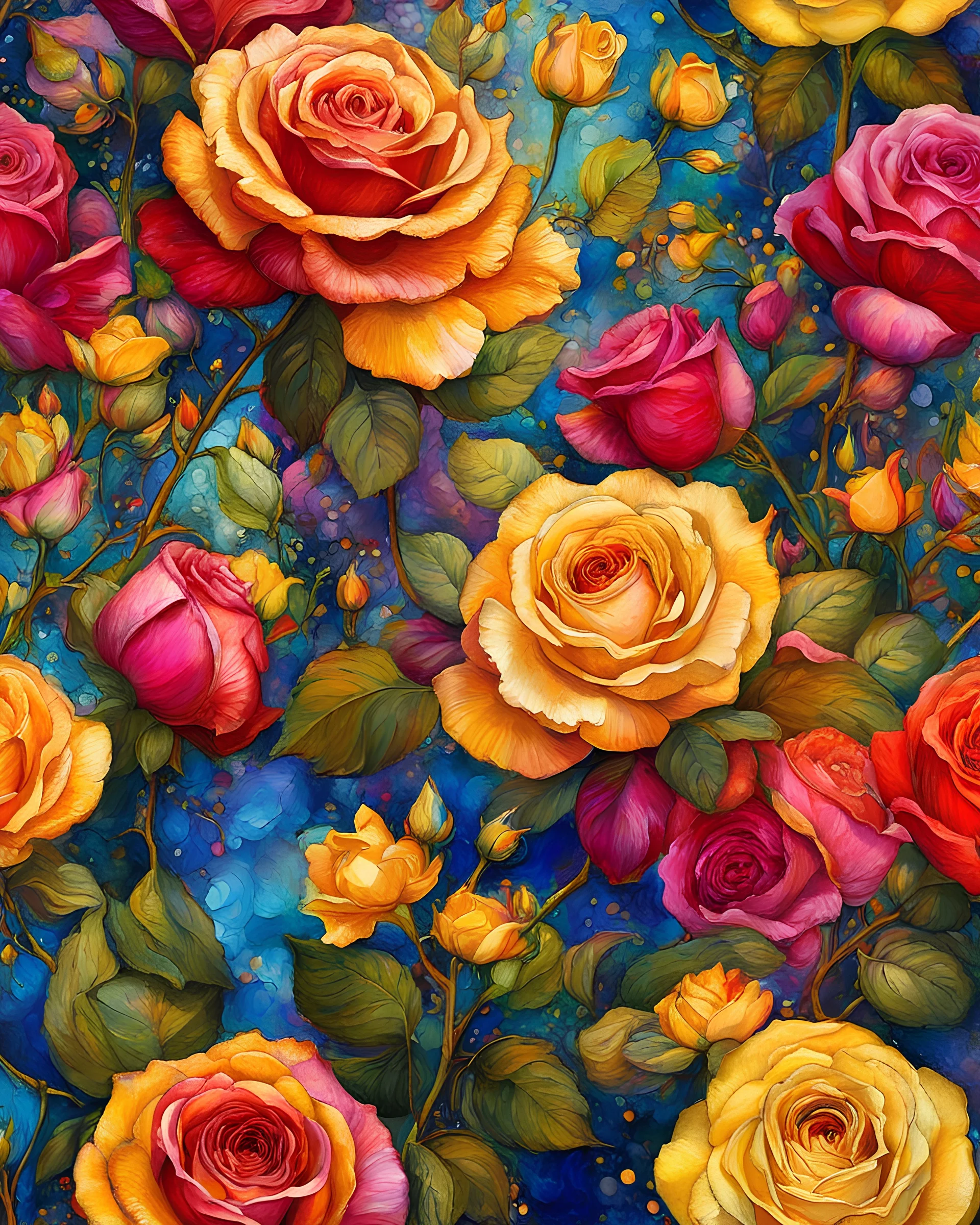 ideal image optimization, the best lush cartier roses result, Create stunning summer flowers art combining Gustav Klimt's intricate style with Pierre-Auguste Renoir's vibrant brushstrokes. Use alcohol ink splatter for dynamic elements. Aim for hyper-detailed super realism in 8K, with bright neon colors and gold accents, capturing a radiant summer day. Add an Art Nouveau aesthetic to enhance elegance and sophistication of this award-winning Masterpiece. seamless pattern