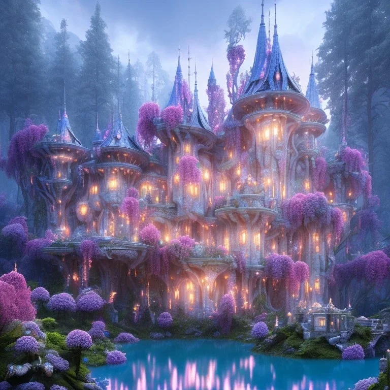 a magical flower bleu house in the woods, pink vertical, blue lake,sharp, vines, candlelit, endor, ornate, elegant, highly detailed, artstation, concept art, smooth, sharp focus, illustration, 8k, splash art, wallpaper, key visual