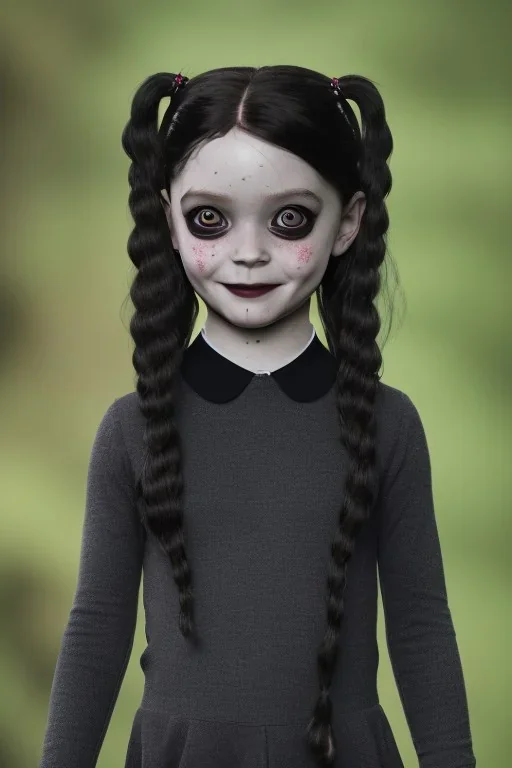 Wednesday Addams toddler, full body, jump, bokeh, hyper realistic