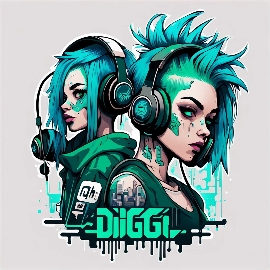 -shirt design, cyberpunk, art boy and girl for style tattoo, blue green hair, headphone, sound system, with text "digi & crew". Grafity style. White background.