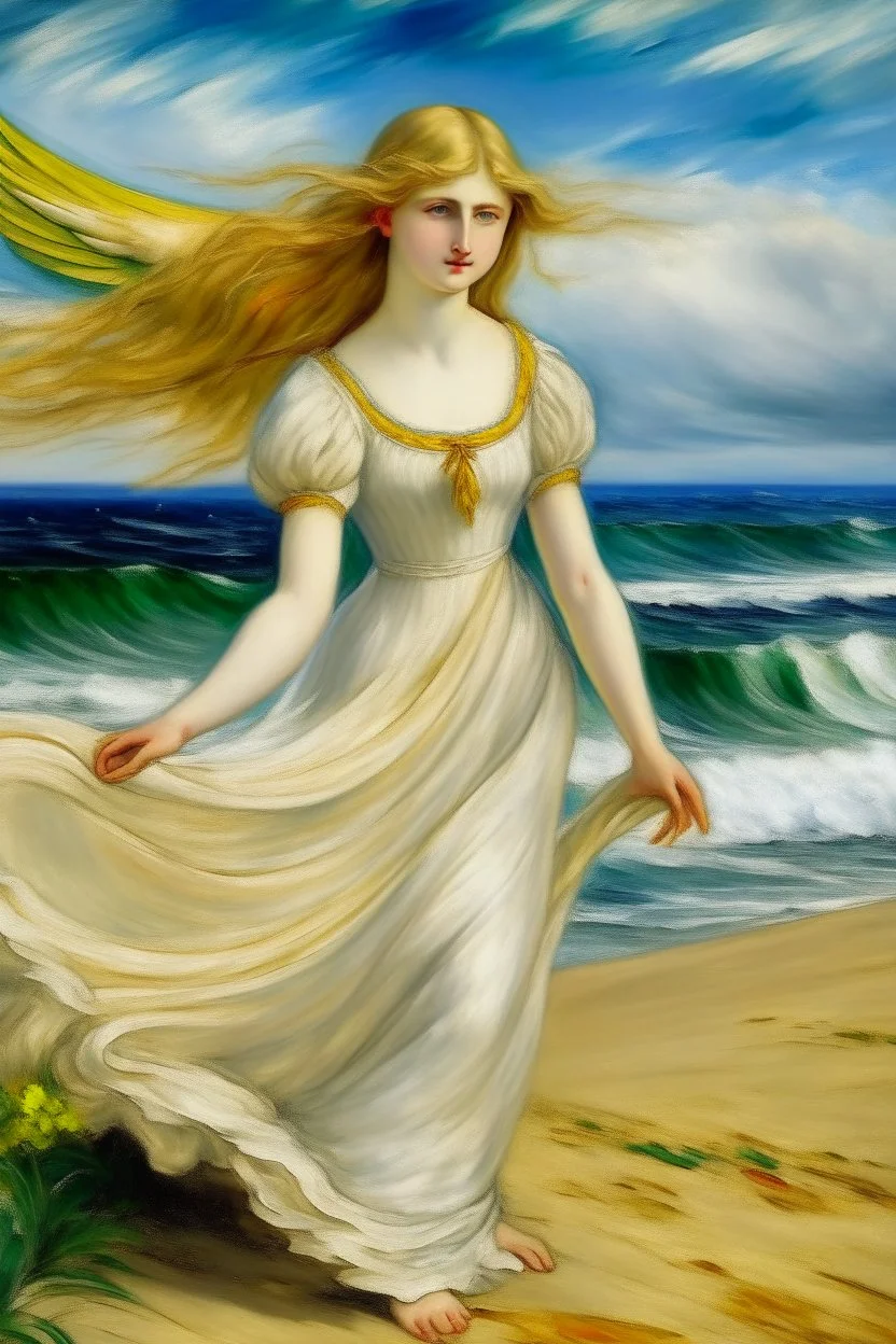 Angel with blonde hair and a white dress on the beach in the style of Renoir