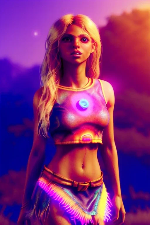 Shakira, artist, 30 years old, Realistic image, waist up portrait, etro style dress. Blonde, feathers, loose long hair, eyes make up, perfect, glow, circle iris. Neon colors, leds, geometric shapes. Dark background, photo studio, neon lights. Cyberpunk, concept art, smooth, unreal engine 5, god lights, ray tracing, RTX, lumen lighting, ultra detail, volumetric lighting, 3d, finely drawn, high definition, 4k.