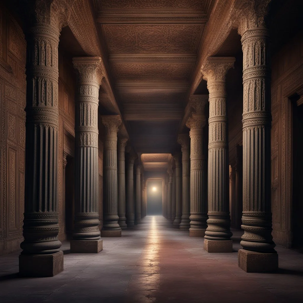 Hyper Realistic traditional ancient pillars & huge dark hallway of a historical Indian palace with peeling wall paints at night