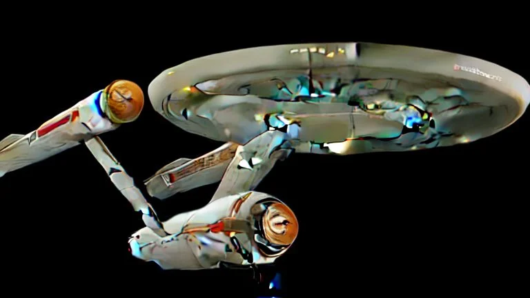 a screen capture from a star trek movie of a battle-damaged starship enterprise IN the year 2380 IS IN A BATTLE with monster ufos sci-fi meticulous, highly-polished, photorealistic, studio production, intricately detailed, GALACTIC, directed by gene Roddenberry,