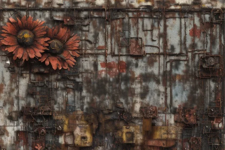 an abstract painting of rusted metal and flowers, by anselm kiefer and lucian freud, rust, scaffolding, iron cladding, decay, mixed media, textured, anatomically correct, beautiful perfect face, sharp focus, highly detailed, unity engine,