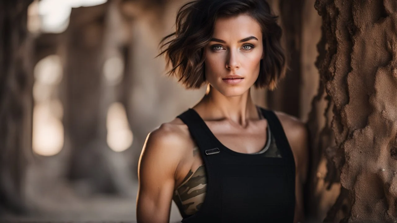 beautiful caucasian female technician, black tank top, well toned muscles, scratched sand camo metal details, short brunette wavy bob haircut, dystopian, desert scene