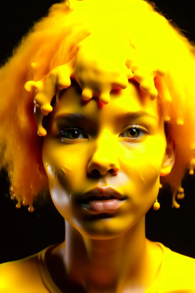 Girl face with yellow rubber effect in all face with orange sponge meduza hair