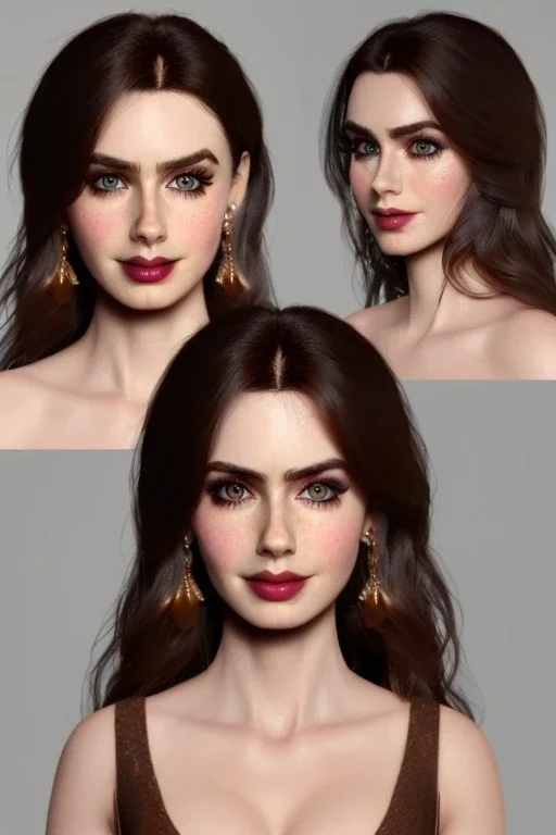 Portrait busty and face, Lilly collins face, brown eyes, wearing Womderfull dress,