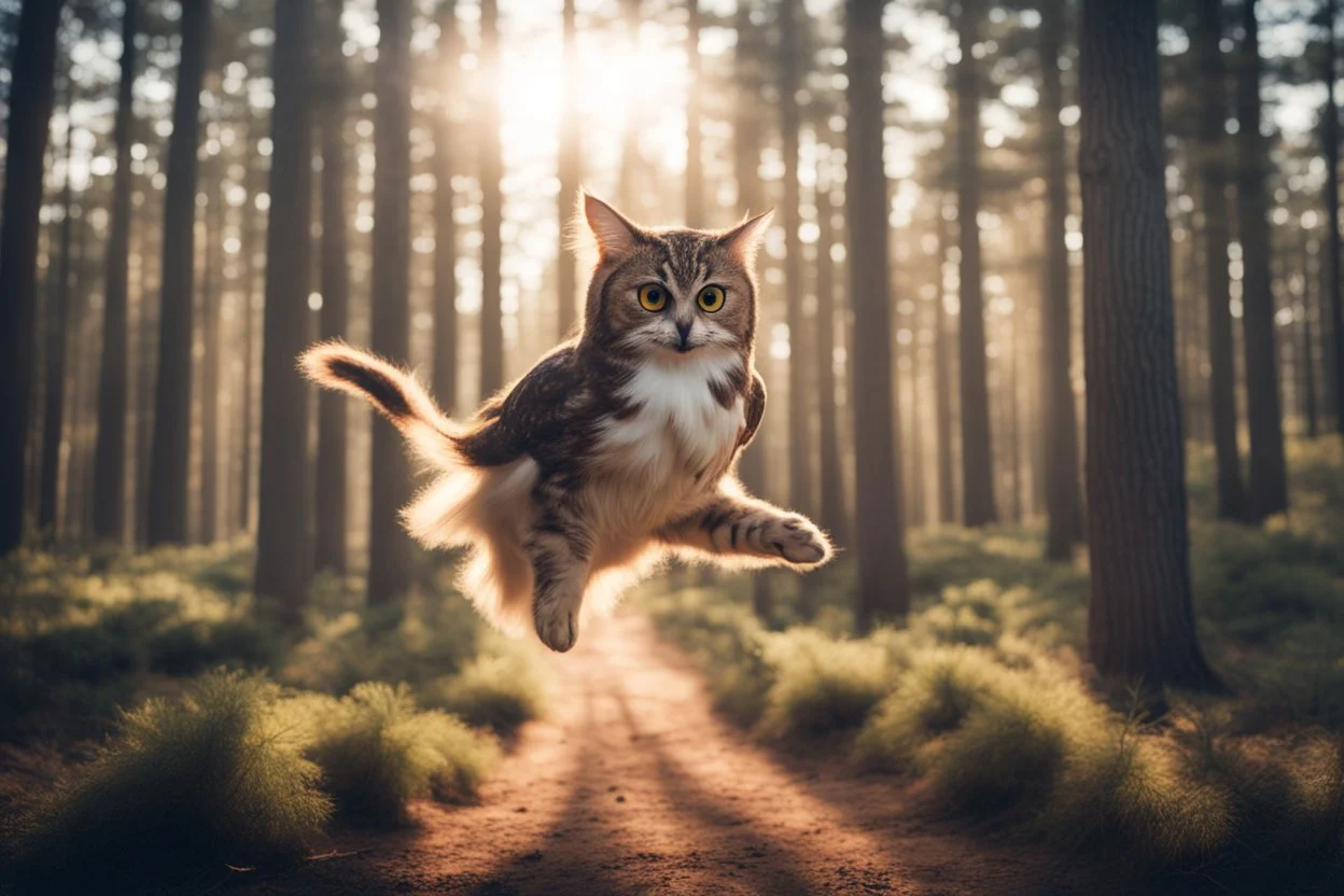 dinamycally jumping antropomorph cat owl in a pine forest in sunshine, ethereal, cinematic postprocessing