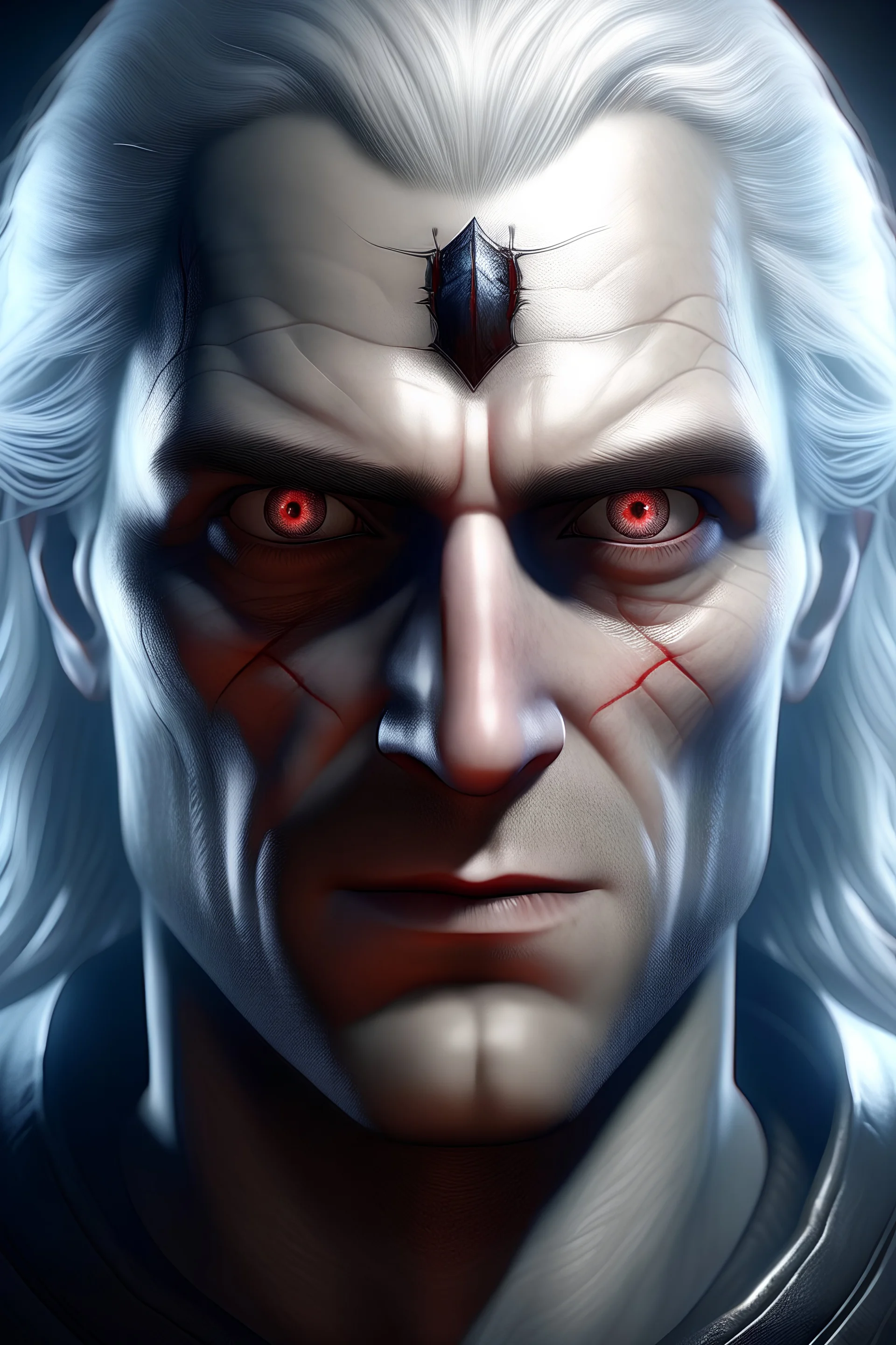 Portrait of Henry Cavill as Geralt of Rivia, white hair, blue eyes, masculine face.