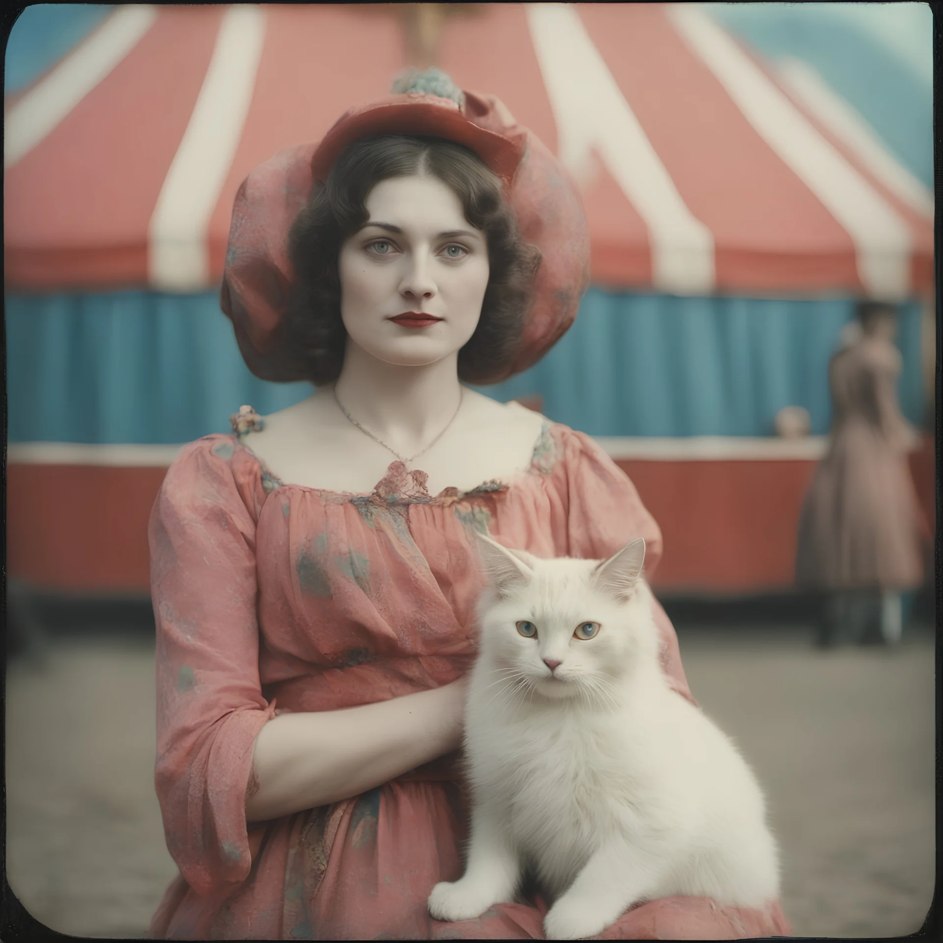 A woman , with a cat, at the circus, autochrome, pink, red orange, blue