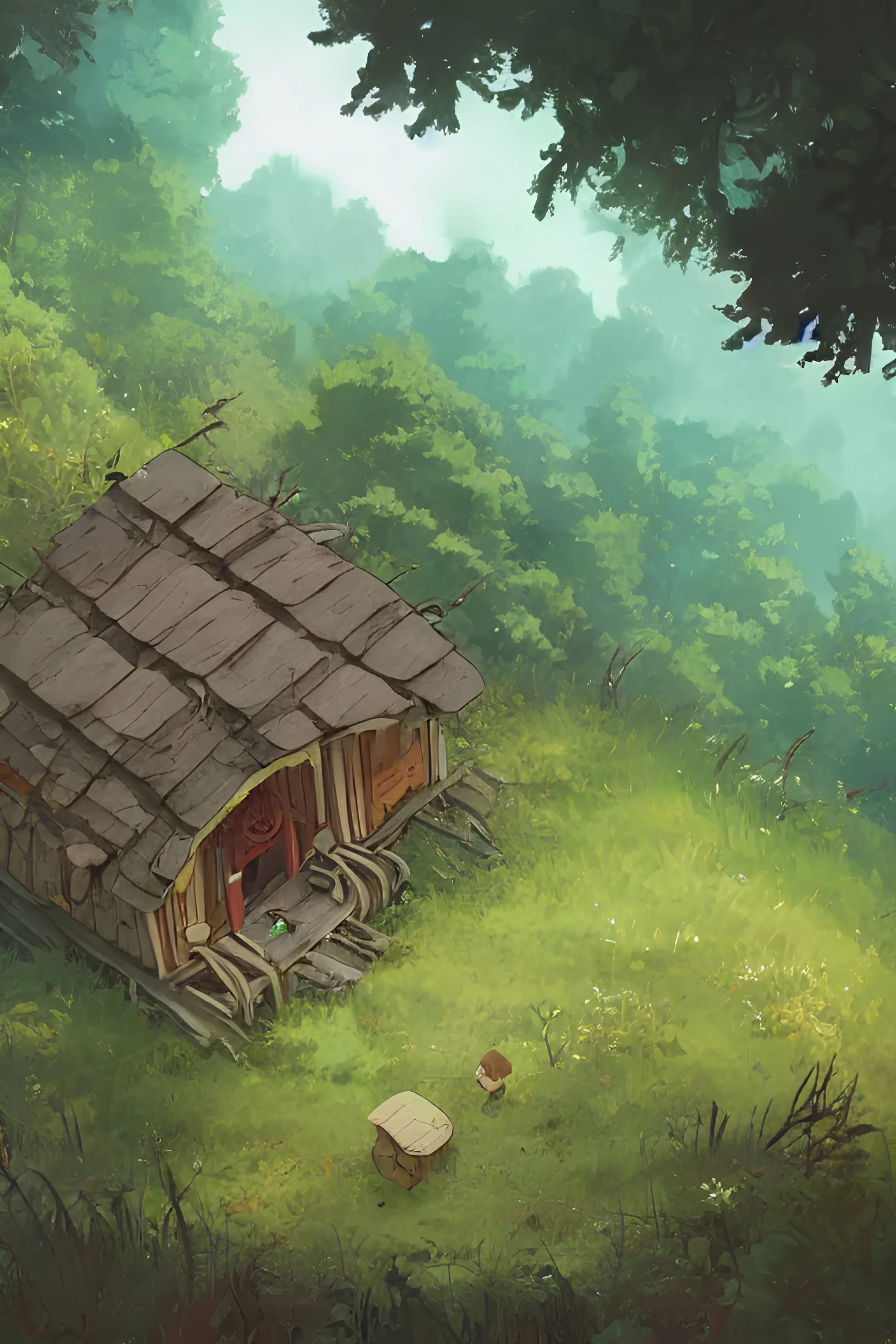 a lonely witch's hut in a clearing in the forest on which a giant spaghetti monster is approaching, top view rule of thirds golden ratio, fake detail, trending pixiv fanbox, acrylic palette knife, style of makoto shinkai studio ghibli genshin impact james gilleard greg rutkowski chiho aoshima