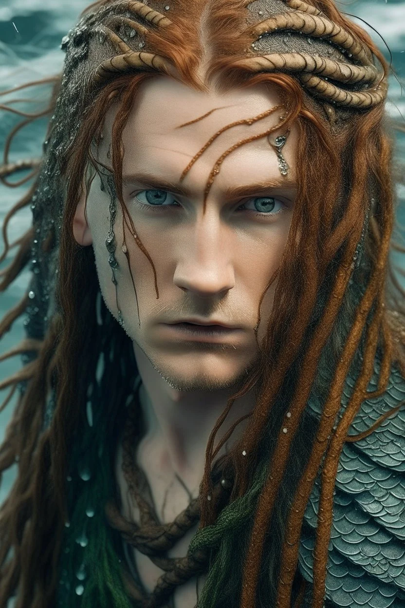 wet pirate nereid male with fish scale skin and seaweed braids in long auburn hair