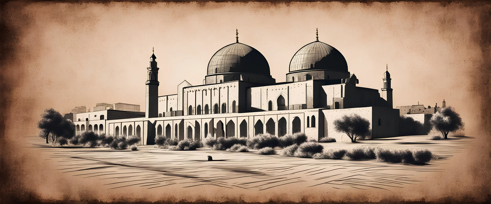 Hyper Realistic Sketch of Al-Aqsa Mosque on a vintage rustic paper with vignette effect & dark background