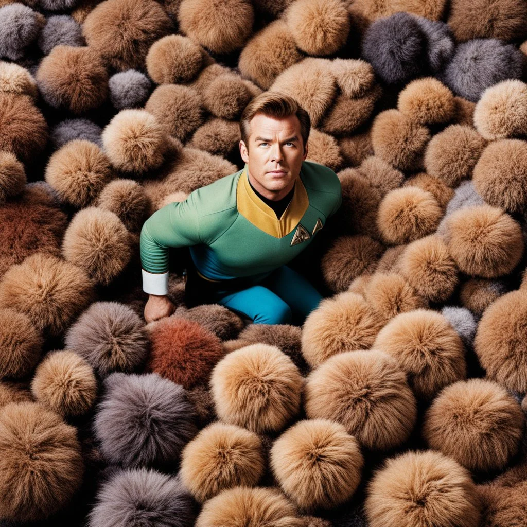 looking down from high above, James T Kirk, in star trek uniform, squeezing out of a big pile of tribbles