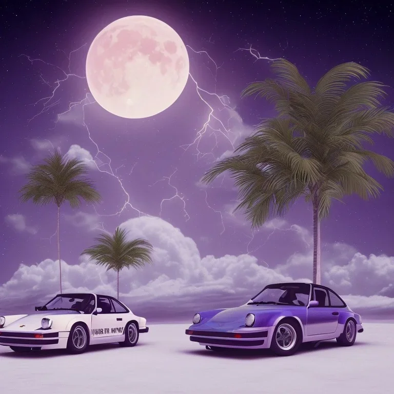 1980's aesthetic vaporwave palm trees with moon with porsche in the winter snow with lightning