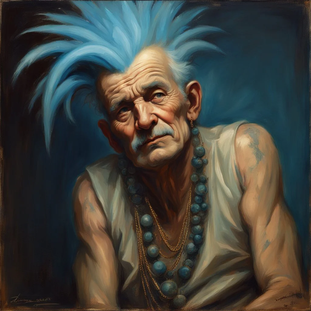 a detailed portrait of old man with a extravagant blue mohawk by edouard bisson, punk rock, oil painting, muted colors, soft lighting