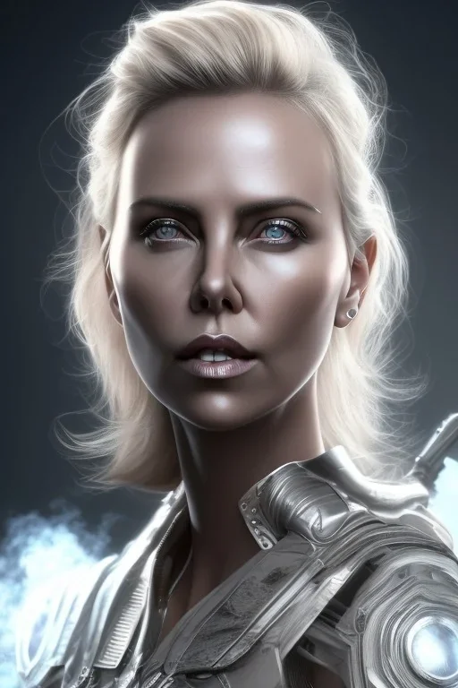 Charlize Theron ,fly hair, mist around, highly realistic, highly detailed, gangsta armor, mist around, smoke , sci-fi .