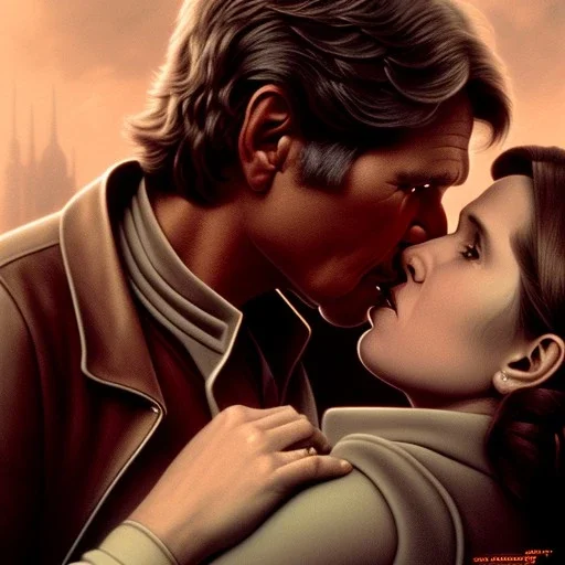 carrie fisher kissing harrison ford, waist up portrait, intricate, oil on canvas, masterpiece, expert, insanely detailed, 4k resolution, cinematic smooth, intricate detail , soft smooth lighting, soft pastel colors,