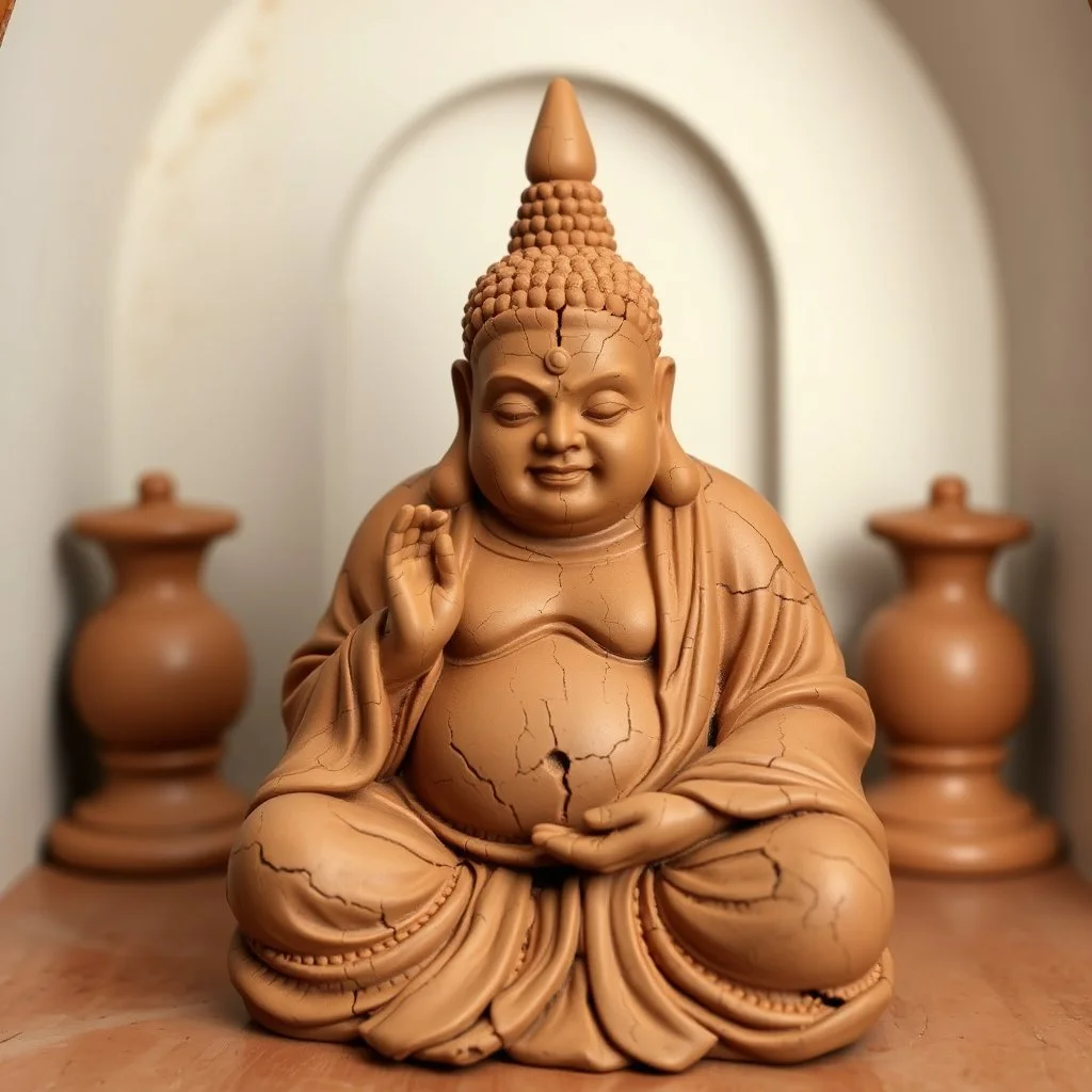 mythical Budda shaped from clay, showing the cracks, curves, and handmade details. Background is a shrine in a small alcove