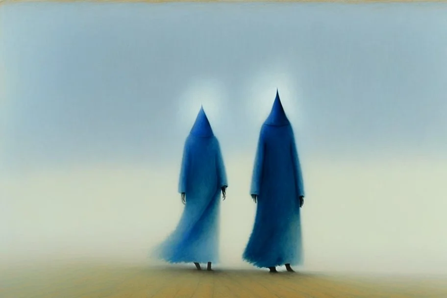 two people without gender seen from behind walking side by side in an empty foggy plain, above there is blue sky by artist "Leonora Carrington"